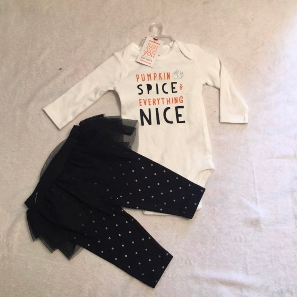 Just One You Carter's Pumpkin Spice Bodysuit Leggings Set Girls NWT White Black